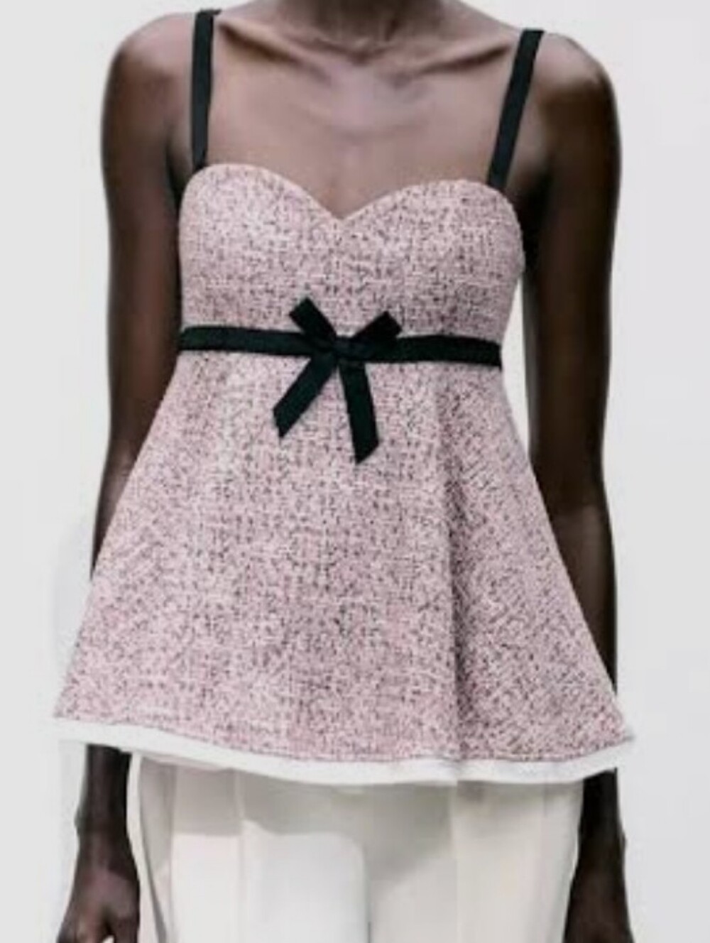 Pink Zara textured peplum top with a sweetheart neckline and bow